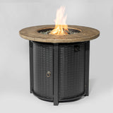30" Round Propane Fire Pit Table with All-Over Wicker Base, 50,000 BTU, Brown, Glass Stones Included