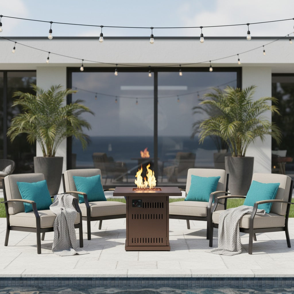 28" Square Propane Fire Pit Table, Steel, 50,000 BTU, Brown, Compact