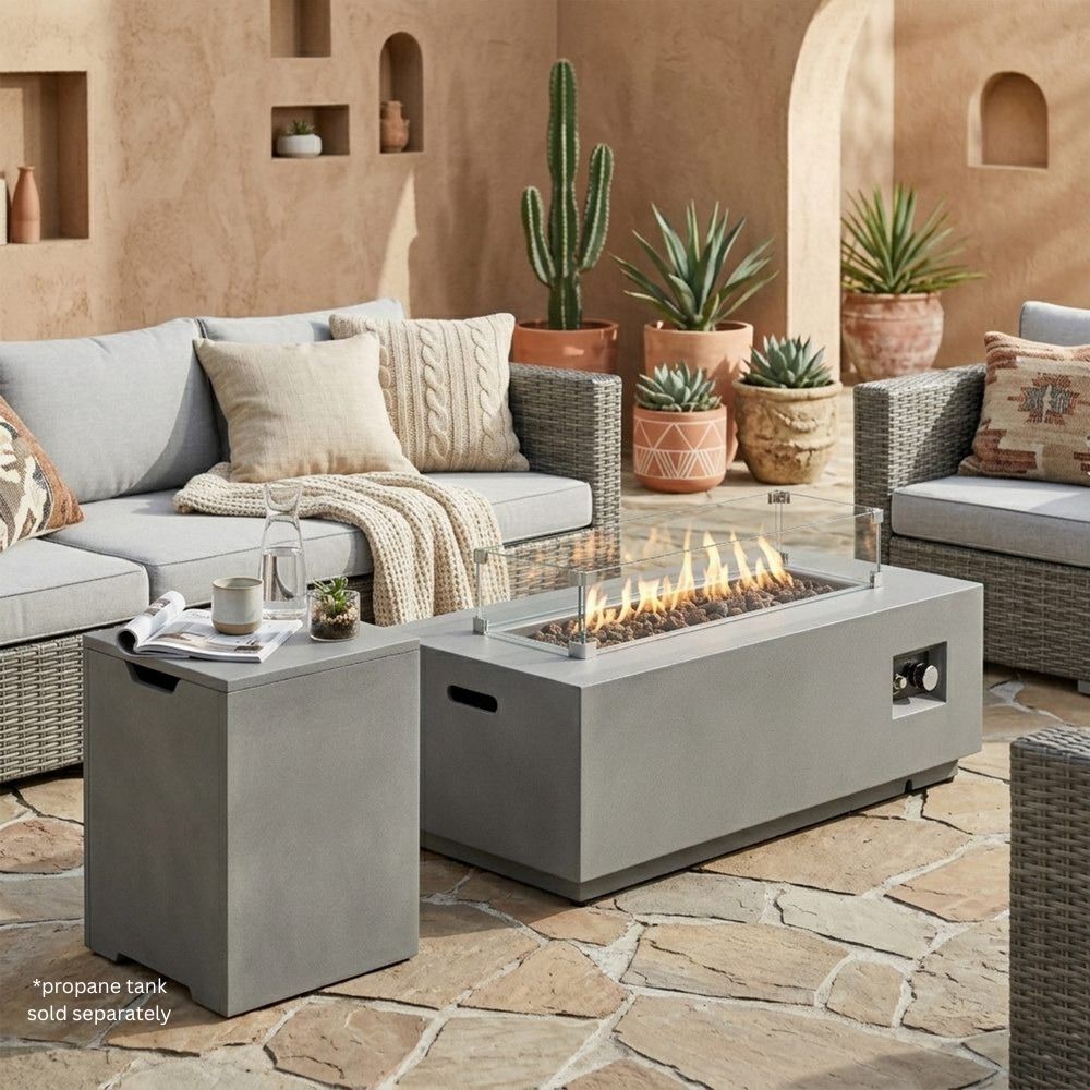 42" Rectangular Low-Profile Propane Fire Pit Table with Glass Wind Guard, Steel, 50,000 BTU, Grey
