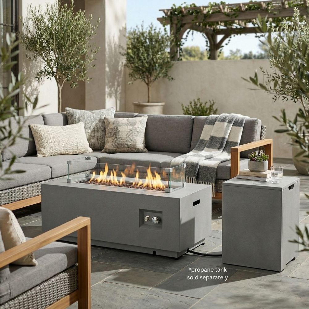 42" Rectangular Low-Profile Propane Fire Pit Table with Glass Wind Guard, Steel, 50,000 BTU, Grey