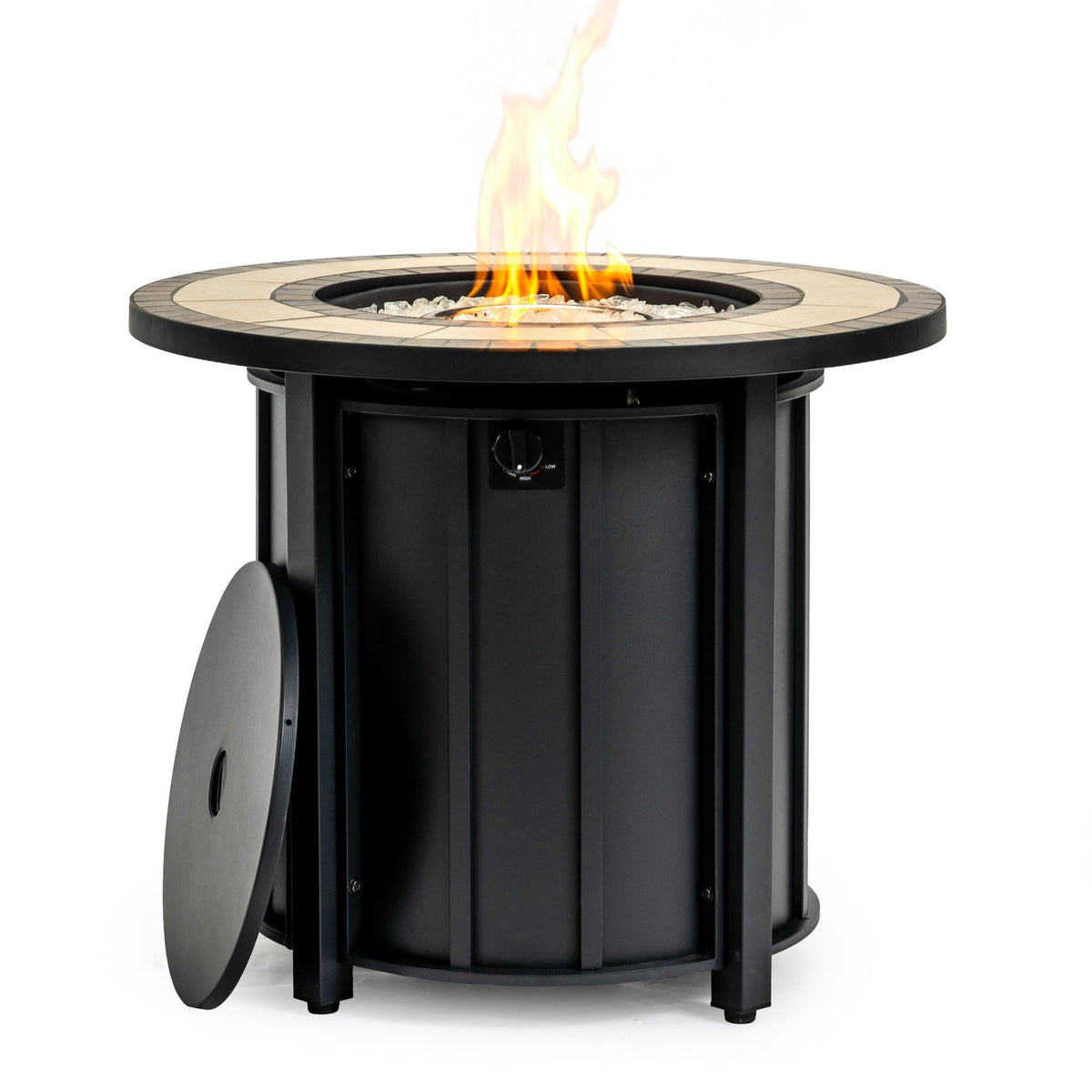 30" Round Propane Fire Pit Table with Mosaic Ceramic Tile Top, Steel Base, 50,000 BTU, Brown
