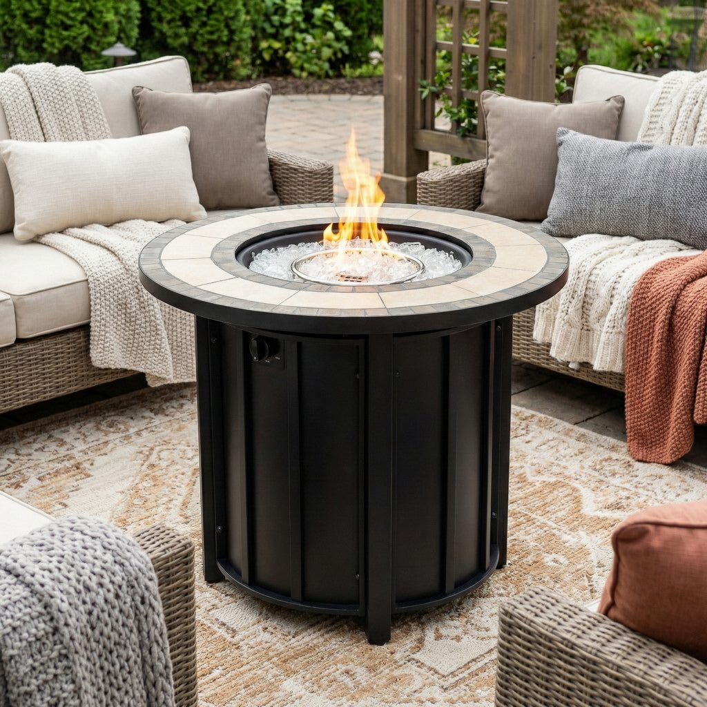 30" Round Propane Fire Pit Table with Mosaic Ceramic Tile Top, Steel Base, 50,000 BTU, Brown