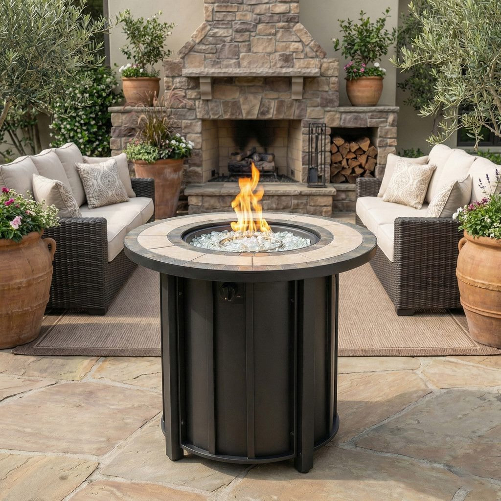 30" Round Propane Fire Pit Table with Mosaic Ceramic Tile Top, Steel Base, 50,000 BTU, Brown