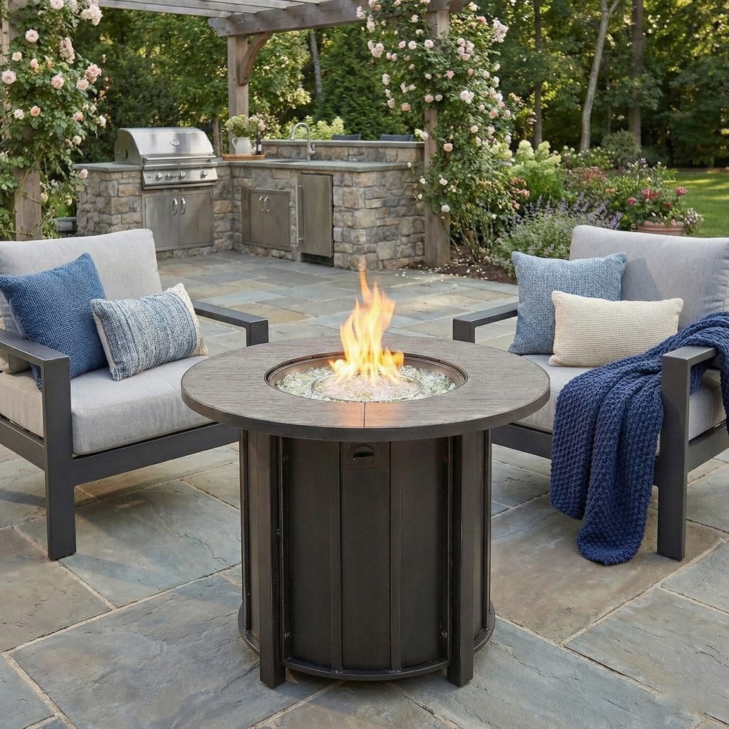 30" Round Propane Fire Pit Table, Solid Iron, 50,000 BTU, Brown, Includes Lid & Rain Cover