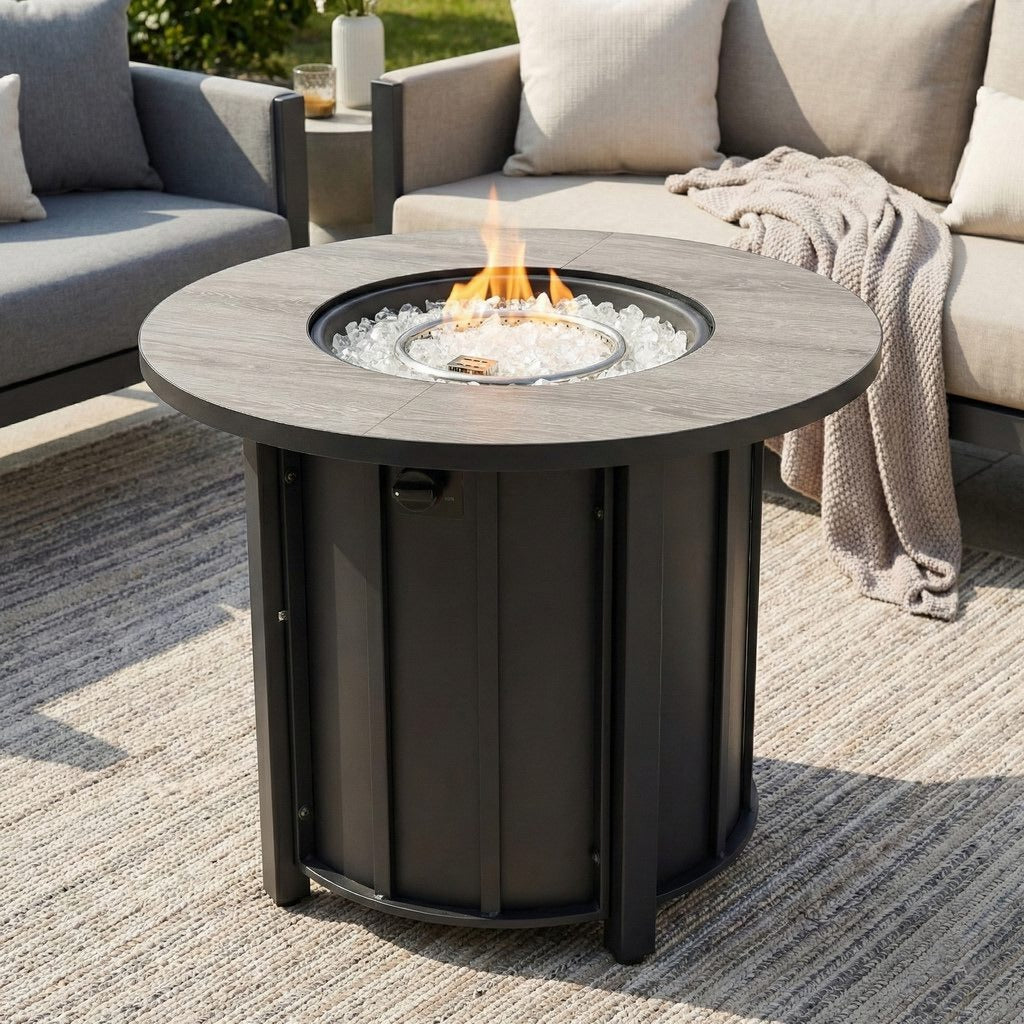 30" Round Propane Fire Pit Table, Solid Iron, 50,000 BTU, Brown, Includes Lid & Rain Cover