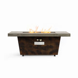 42-inch rectangular propane fire pit table with grey top and brown iron frame, shown from front angle with flames lit