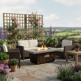 42" rectangular propane fire pit table with grey/brown frame, lit, on stone patio with outdoor furniture and flowers