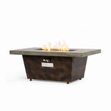 42-inch rectangular propane fire pit table with grey top and brown iron frame, lit from above