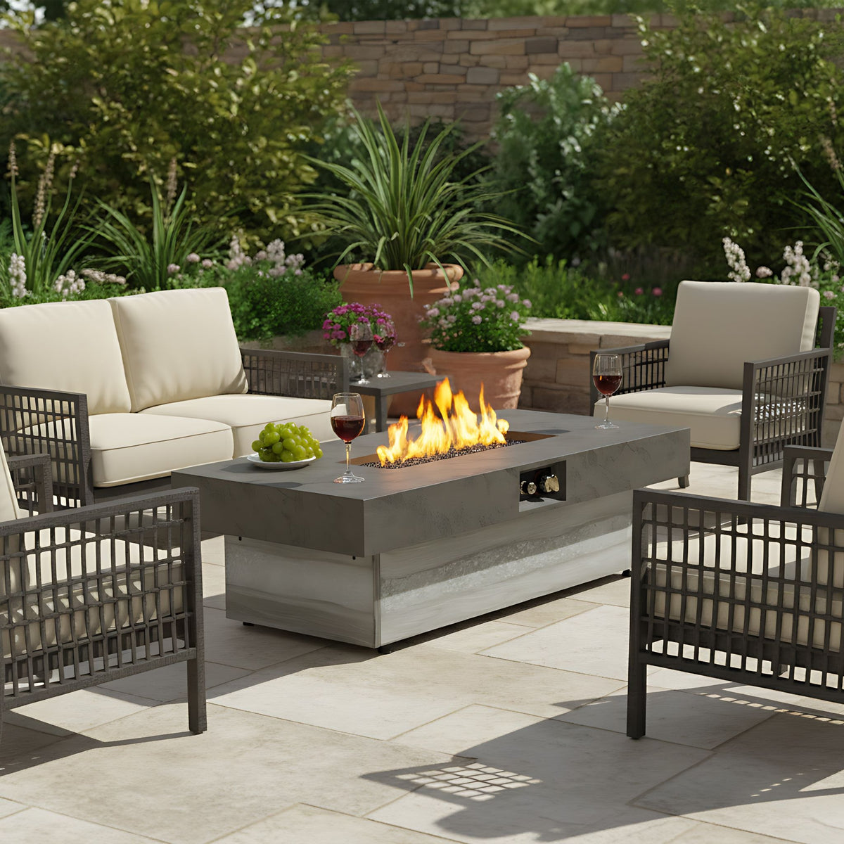 48" Rectangular Propane Fire Pit Table, Concrete-Look GRC, 50,000 BTU, Grey, Removable Lid, Large