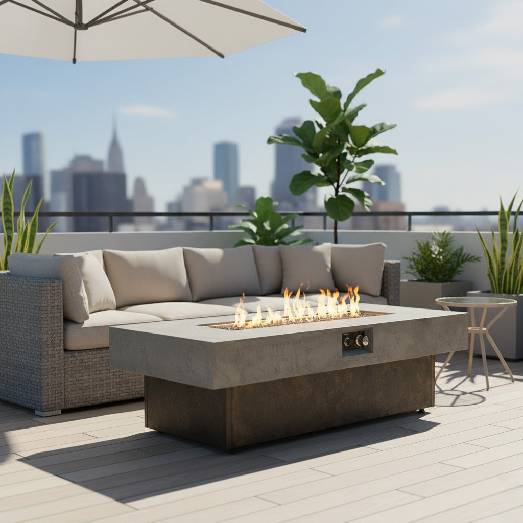 55" Rectangular Propane Fire Pit Table, Concrete-Look GRC, 50,000 BTU, Grey, Fire Crystals, Extra-Large