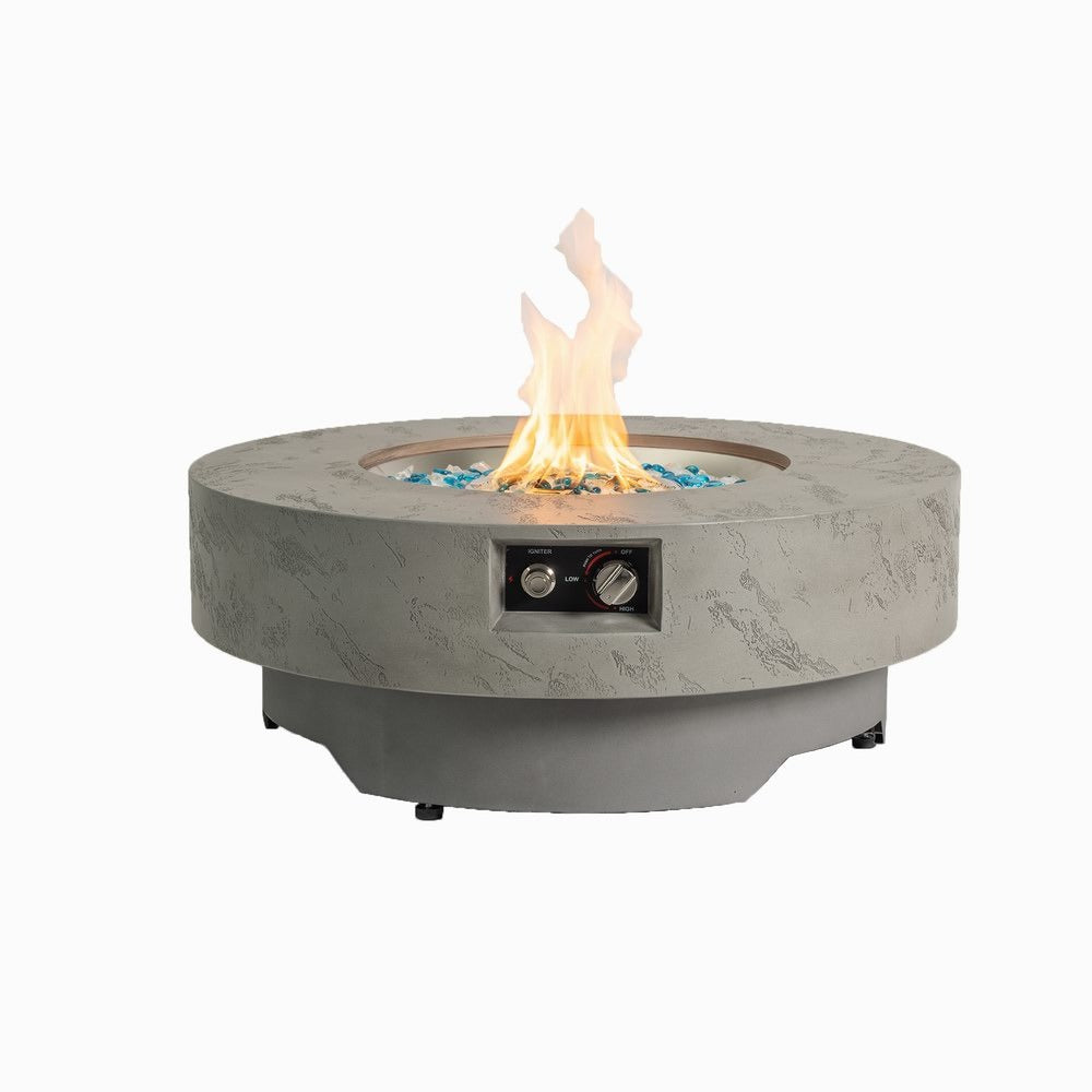 34" Round Propane Fire Pit Table, Concrete-Look GRC, 50,000 BTU, Grey, Includes Lid & Rain Cover