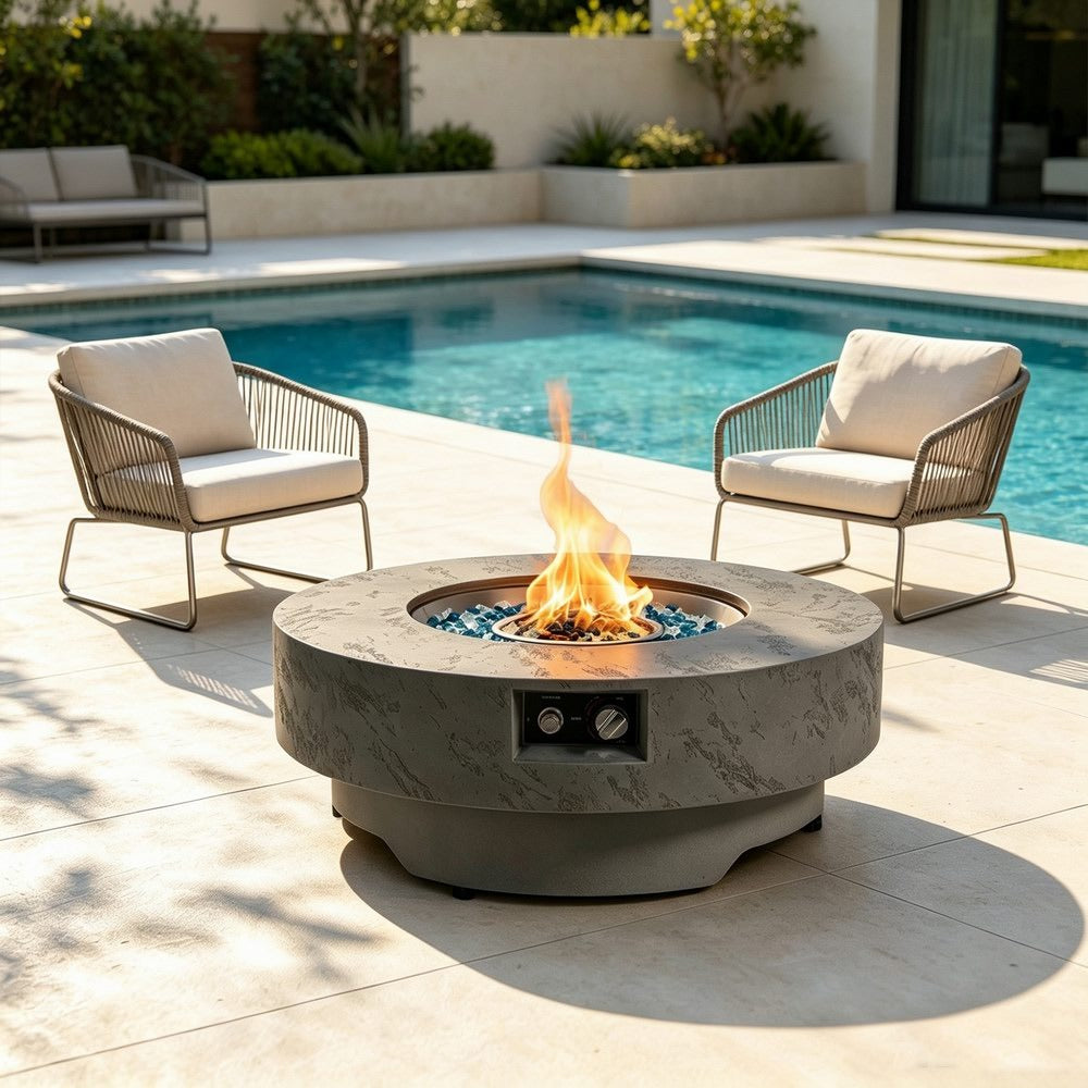 34" Round Propane Fire Pit Table, Concrete-Look GRC, 50,000 BTU, Grey, Includes Lid & Rain Cover
