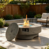 34" Round Propane Fire Pit Table, Concrete-Look GRC, 50,000 BTU, Grey, Includes Lid & Rain Cover