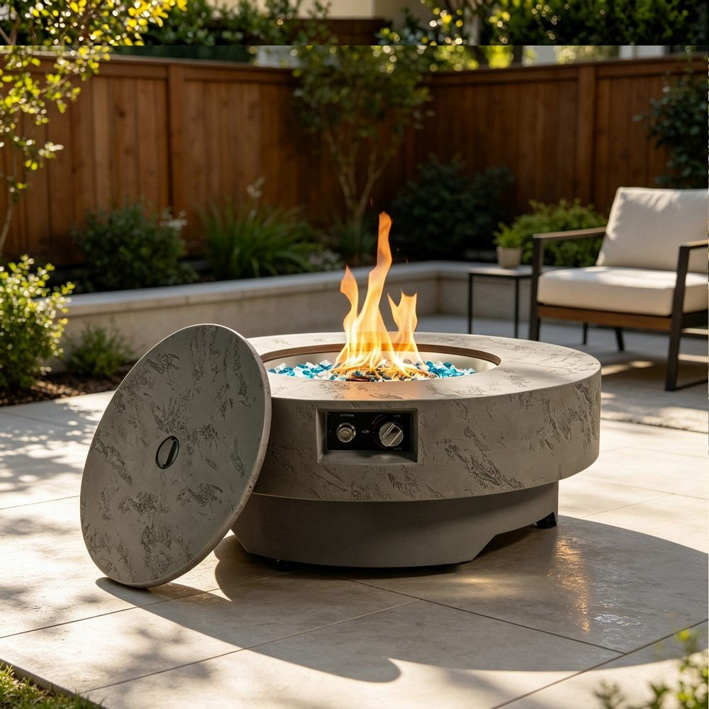 34" Round Propane Fire Pit Table, Concrete-Look GRC, 50,000 BTU, Grey, Includes Lid & Rain Cover