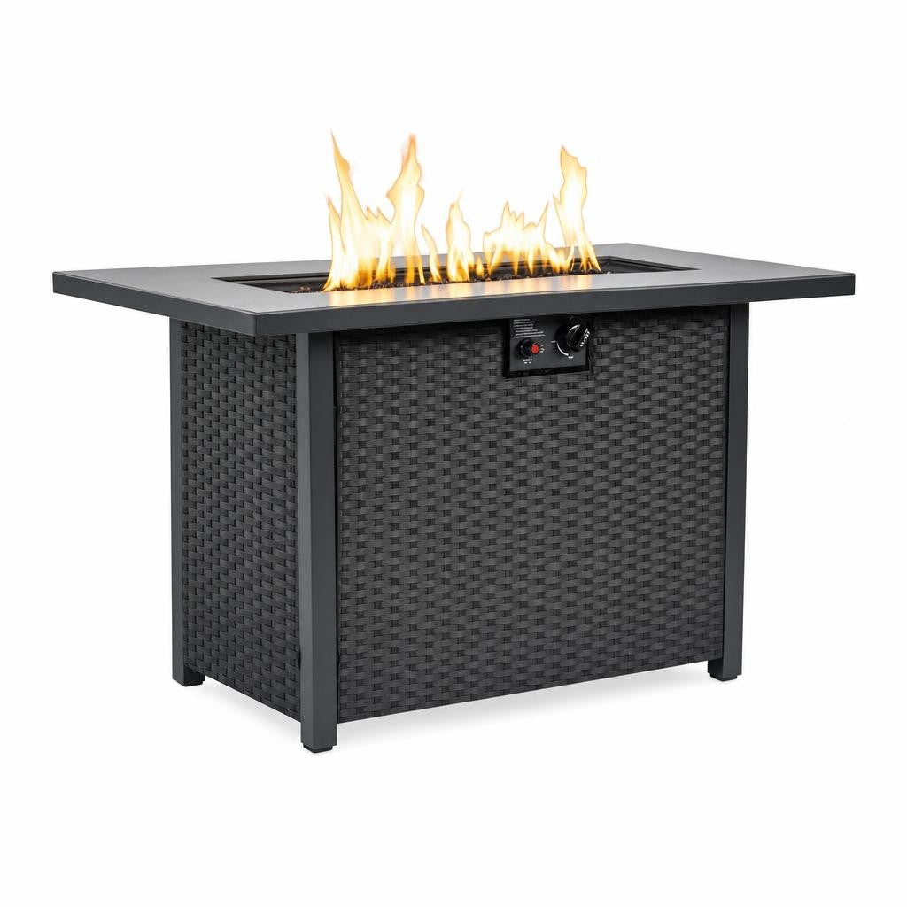 44" Rectangular Propane Fire Pit Table with Woven Wicker Base, 50,000 BTU, Black/Brown, Lid & Glass Stones