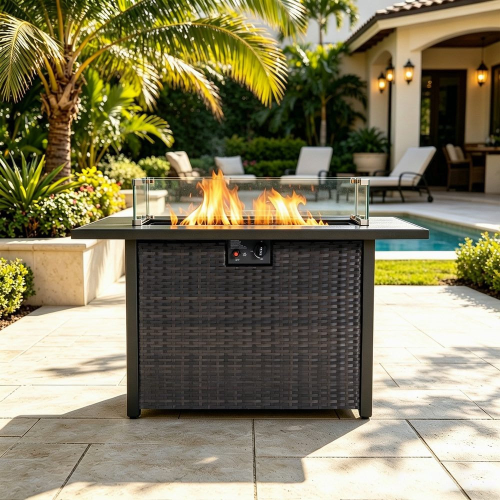 44" Rectangular Propane Fire Pit Table with Woven Wicker Base, 50,000 BTU, Black/Brown, Lid & Glass Stones
