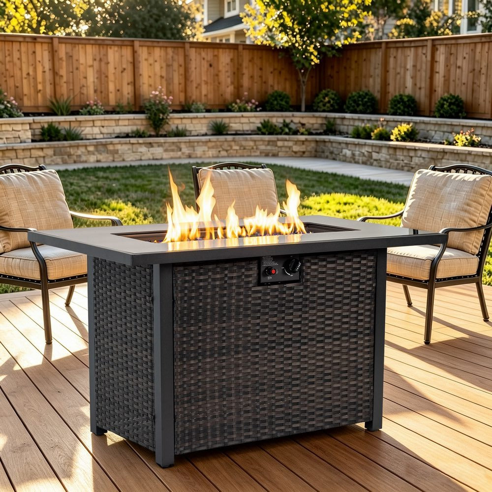 44" Rectangular Propane Fire Pit Table with Woven Wicker Base, 50,000 BTU, Black/Brown, Lid & Glass Stones