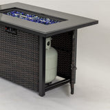 44" Rectangular Propane Fire Pit Table with Woven Wicker Base, 50,000 BTU, Black/Brown, Lid & Glass Stones