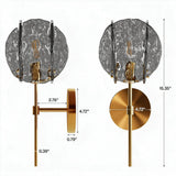 Brass wall sconce with smoky gray glass shade, showing dimensions: 15.35" tall, 5.91" wide, 4.72" base diameter