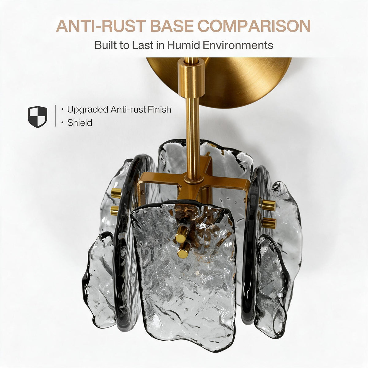 Brass wall sconce with smoky gray glass shade, shown from below with anti-rust base features