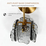 Brass wall sconce with smoky gray glass shade, shown from below with anti-rust base features
