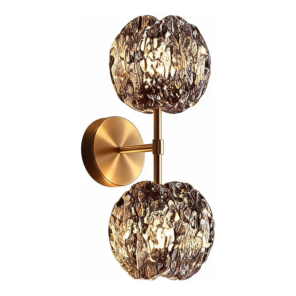 Gold wall sconce with two textured smoke glass globe lights, shown from front angle