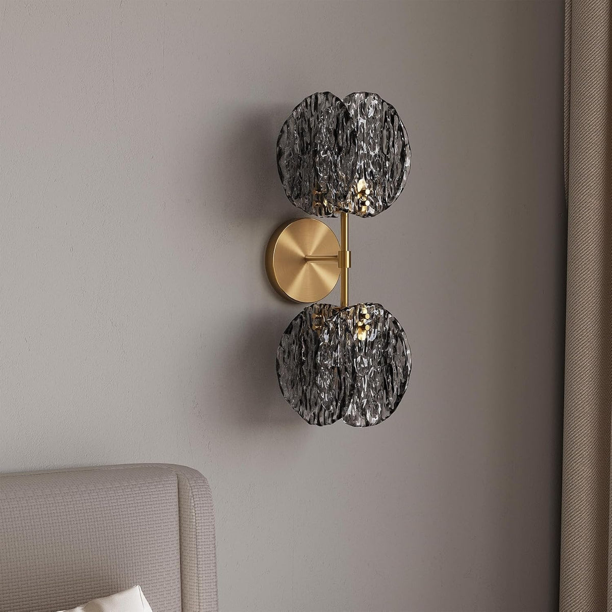 Gold Wall Sconce, Two-Light Textured Smoke Glass Globe Wall Light