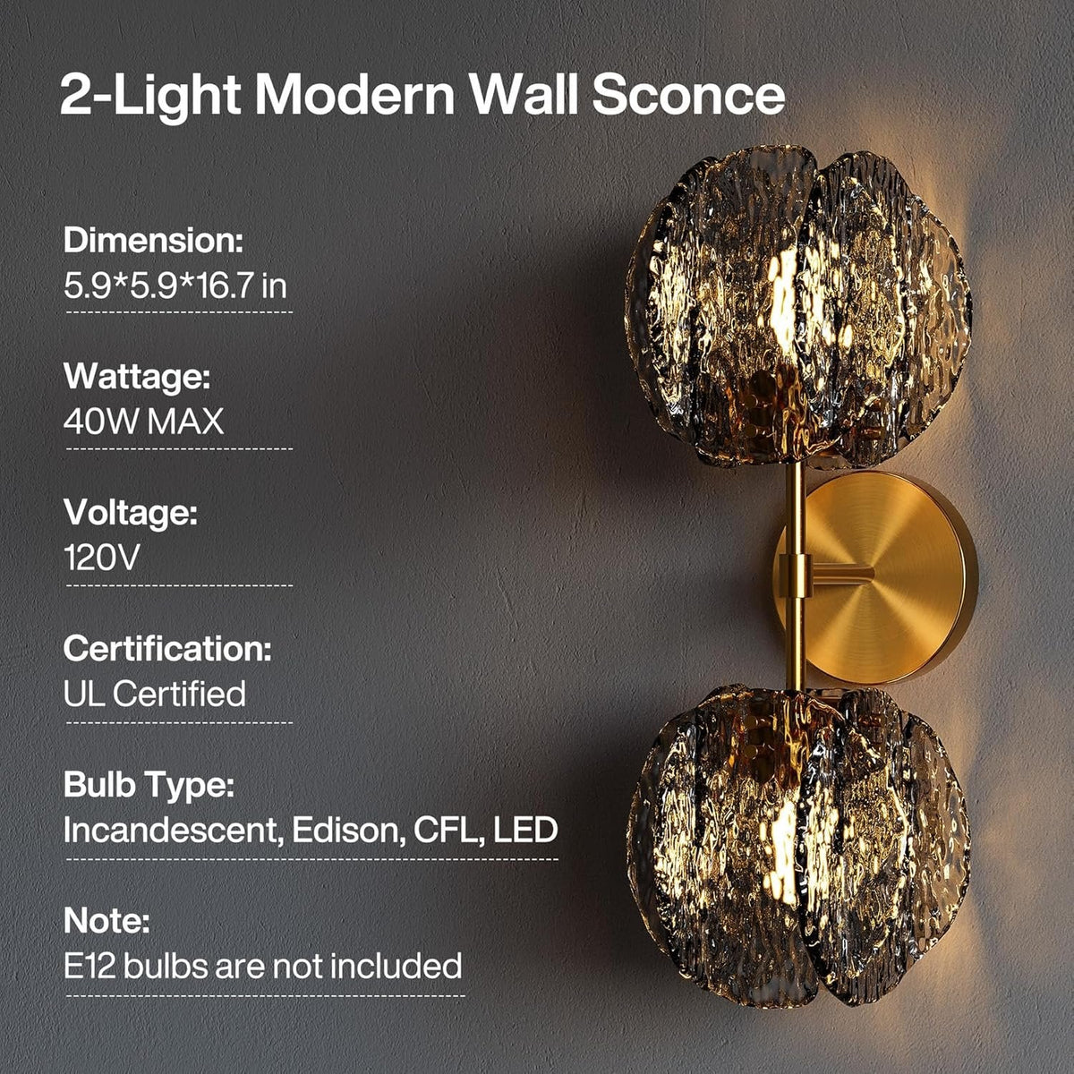 Gold wall sconce with two textured smoke glass globes, 5.9x5.9x16.7 in