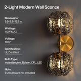 Gold wall sconce with two textured smoke glass globes, 5.9x5.9x16.7 in