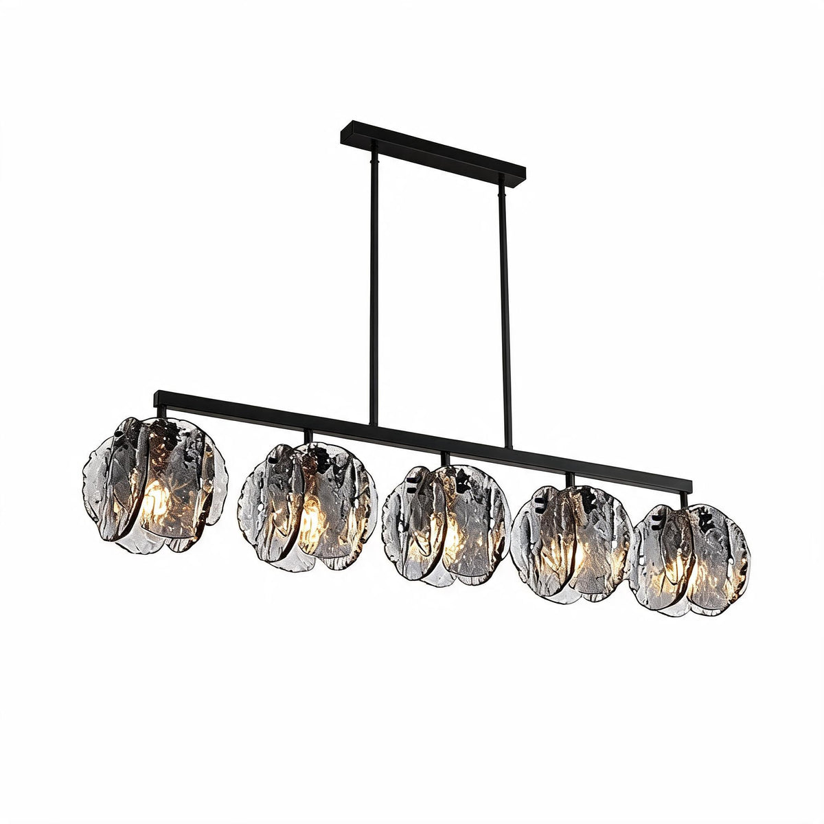 Five-Light Linear Chandelier, Smoky Gray Glass Shades, Matte Black