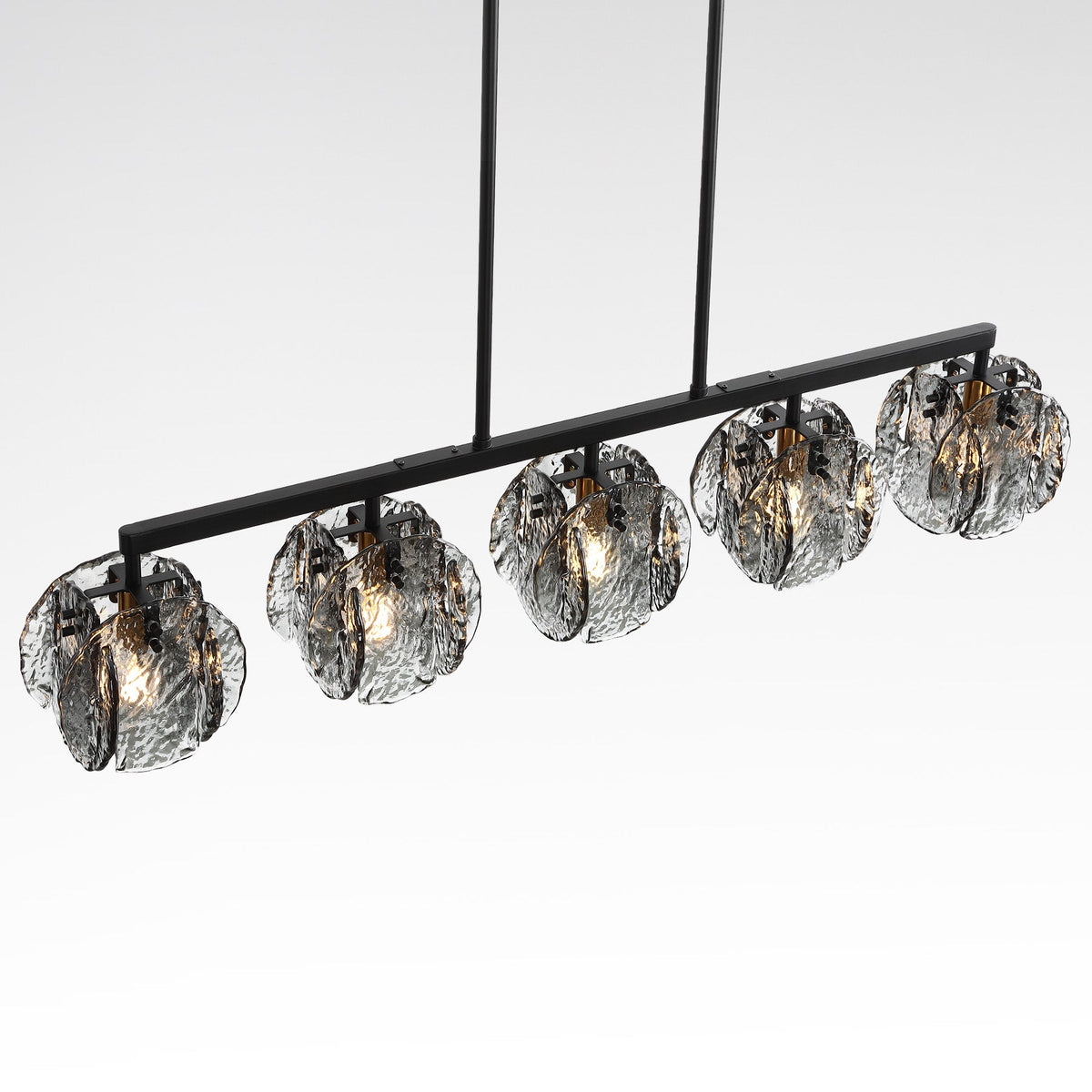 Five-light linear chandelier with smoky gray glass shades and matte black frame, viewed from below
