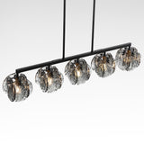 Five-light linear chandelier with smoky gray glass shades and matte black frame, viewed from below