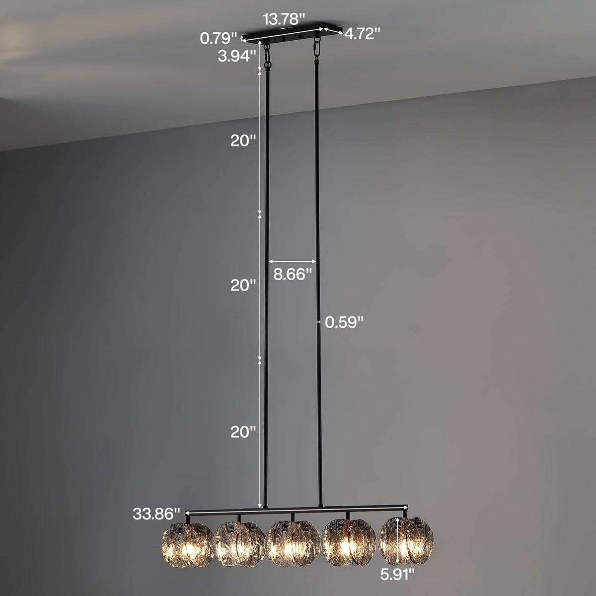 Five-light linear chandelier with smoky gray glass shades and matte black frame, shown with dimensions