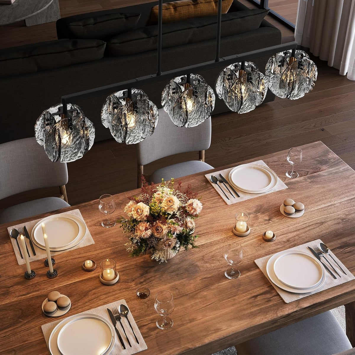 Five-Light Linear Chandelier, Smoky Gray Glass Shades, Matte Black