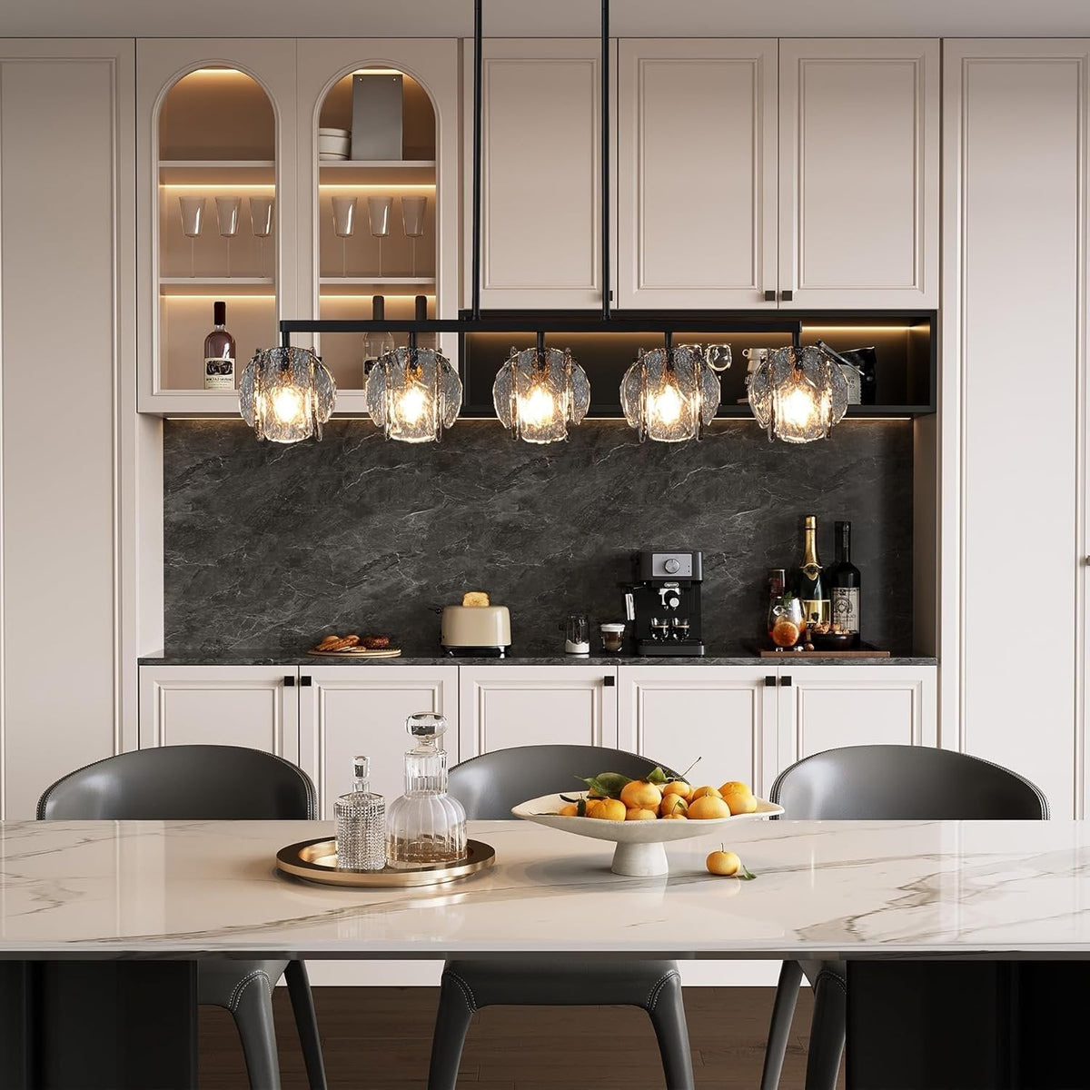 Five-Light Linear Chandelier, Smoky Gray Glass Shades, Matte Black
