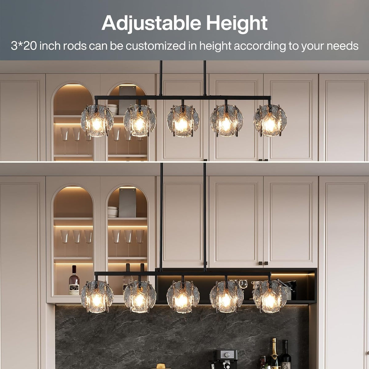 Five-light linear chandelier with smoky gray glass shades and matte black frame shown at two different heights