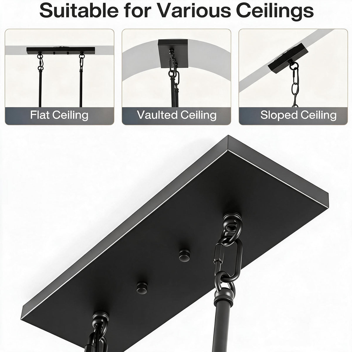 Five-light linear chandelier with smoky gray glass shades and matte black finish, shown from underside