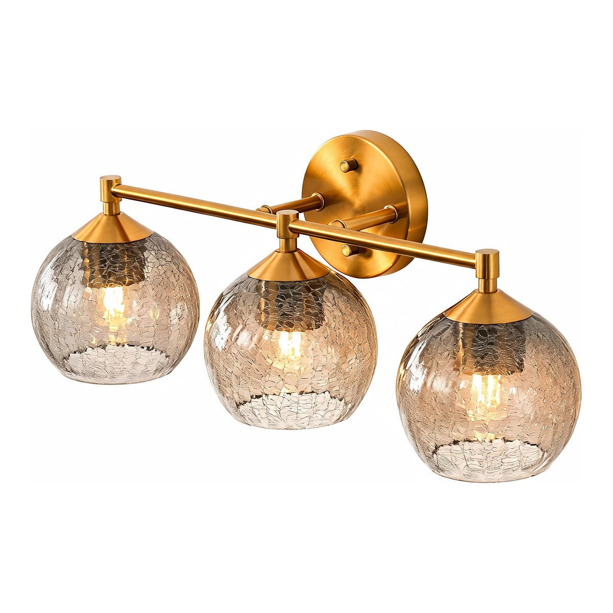 Gold Bathroom Vanity Light, Three-Light Gray Crackle Glass Shades