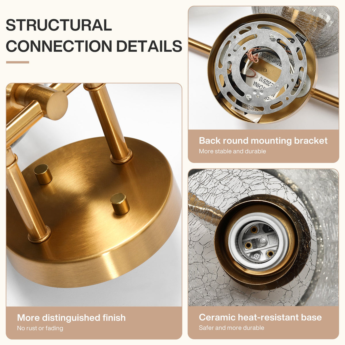 Close-up of gold bathroom vanity light base and mounting bracket