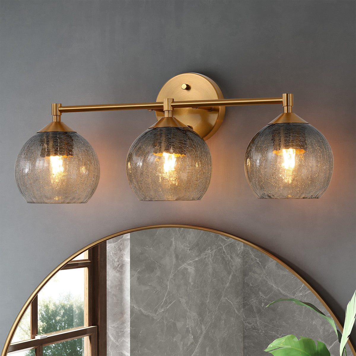 Gold Bathroom Vanity Light, Three-Light Gray Crackle Glass Shades