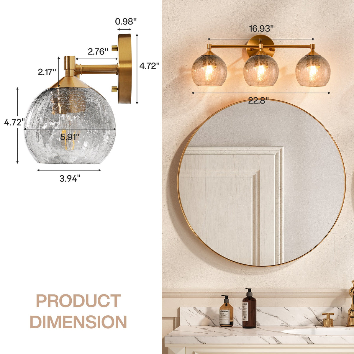 Gold bathroom vanity light with three gray crackle glass shades, shown above a round mirror in a bathroom