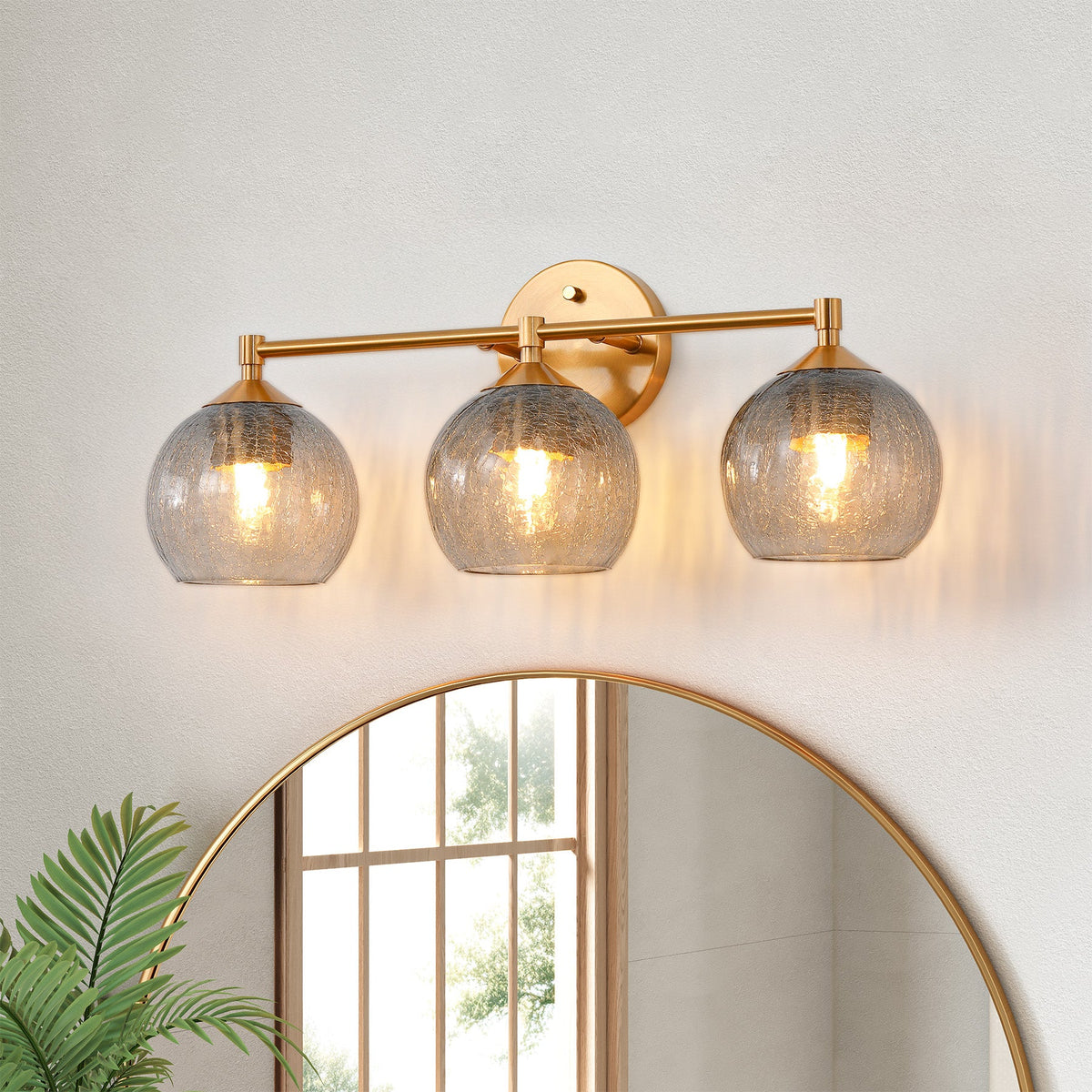 Gold Bathroom Vanity Light, Three-Light Gray Crackle Glass Shades