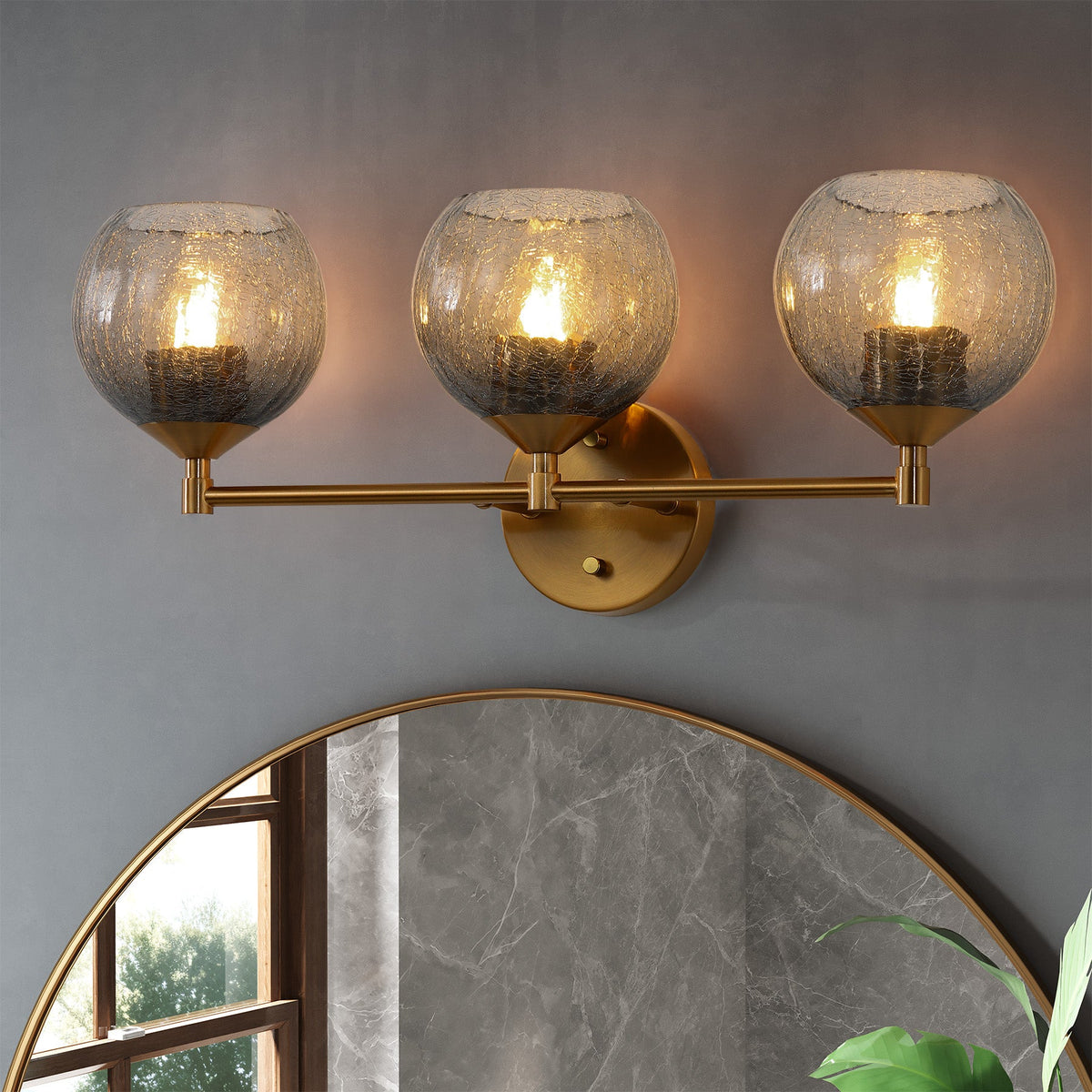 Gold Bathroom Vanity Light, Three-Light Gray Crackle Glass Shades