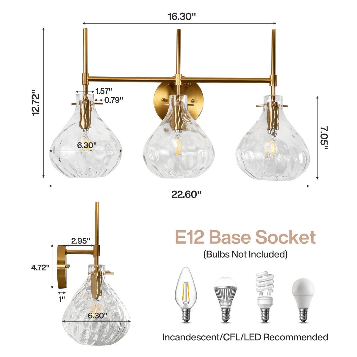Three-light bathroom vanity light with gold finish and water ripple glass shades, 22.60" wide, 12.72" high, E12 base socket