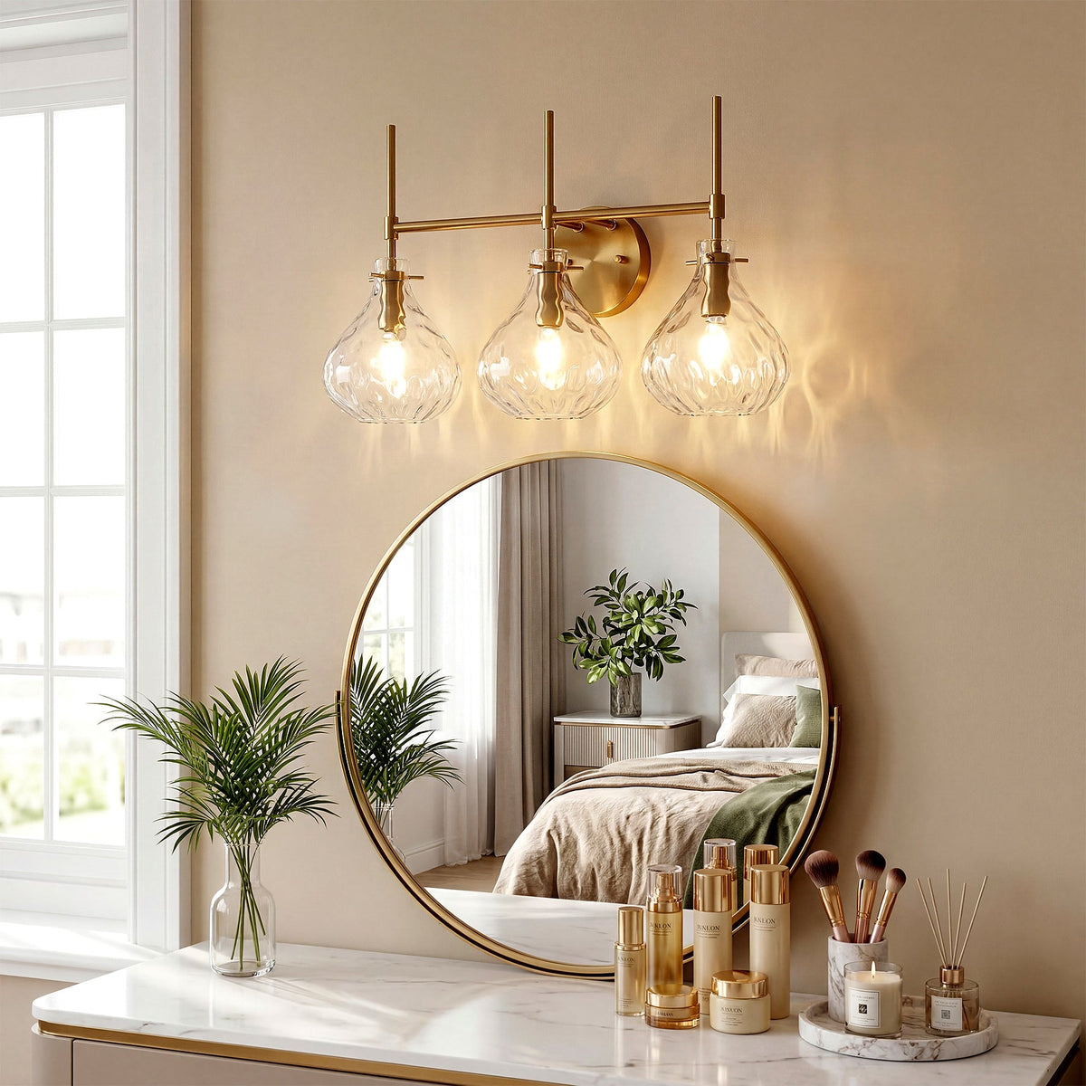 Bathroom Vanity Light, Three-Light Water Ripple Glass Shades