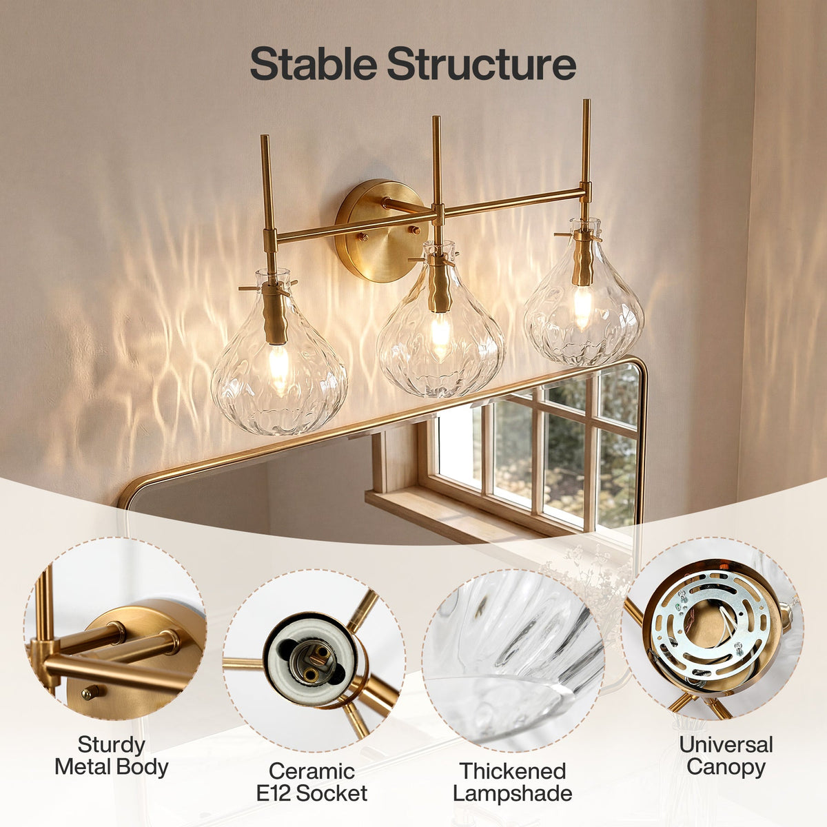 Gold bathroom vanity light with three water ripple glass shades mounted above a mirror