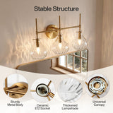 Gold bathroom vanity light with three water ripple glass shades mounted above a mirror