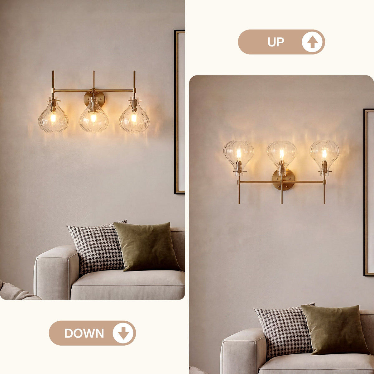 Three-light bathroom vanity light with gold finish and water ripple glass shades mounted above a sofa