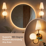 Gold double-headed wall sconce with milky white shades, shown with 180-degree rotation feature