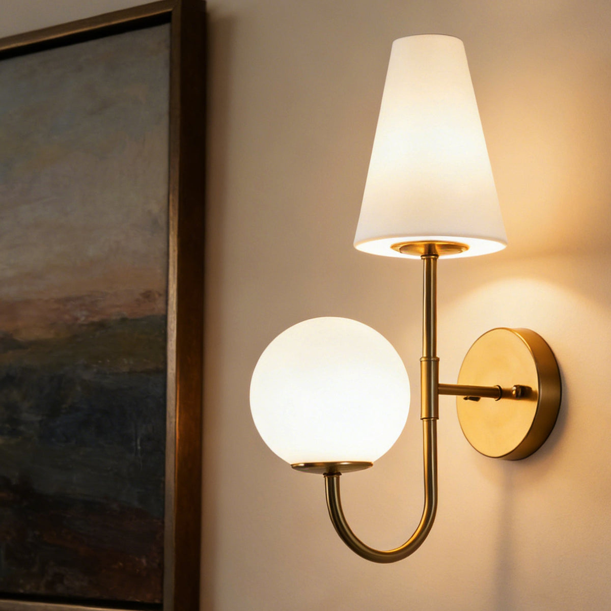Gold Double-Headed Wall Sconce with Milky White Shades, Wall Lamp